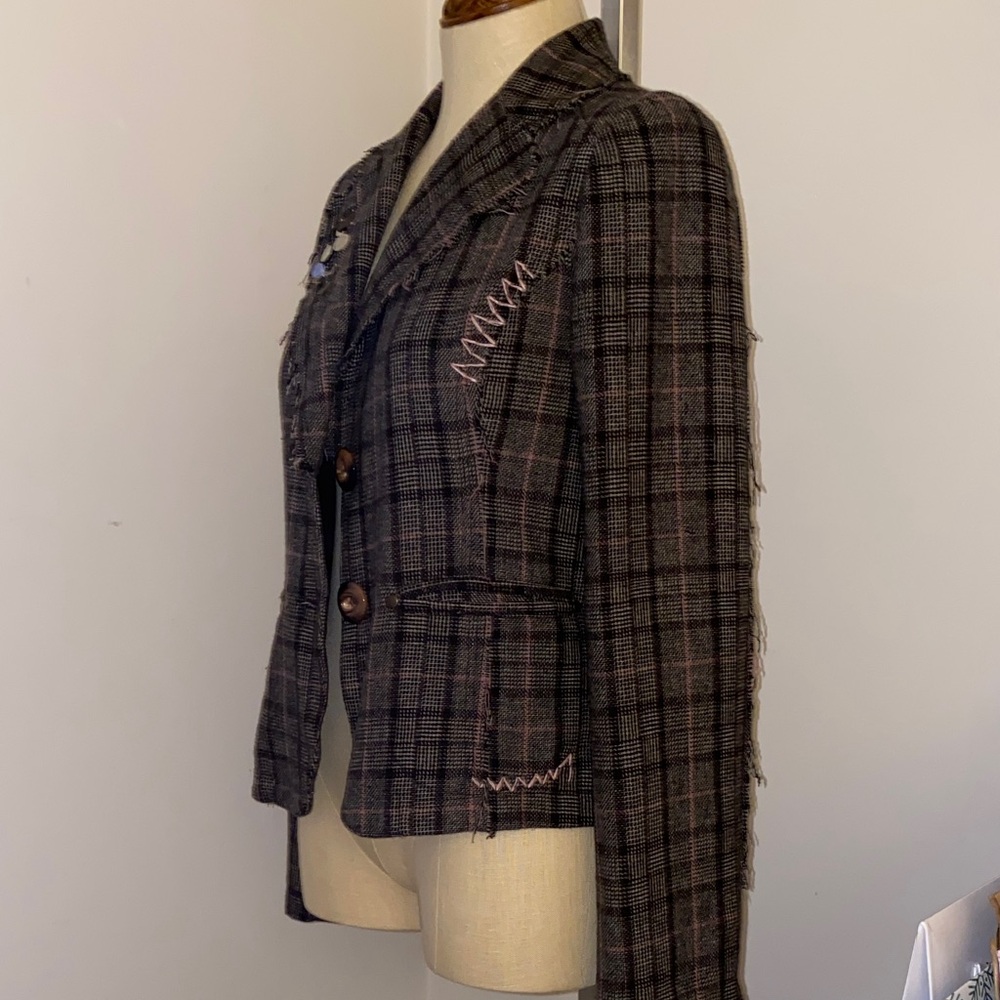 K/Lab Brown Plaid Blazer with Pink Stitching